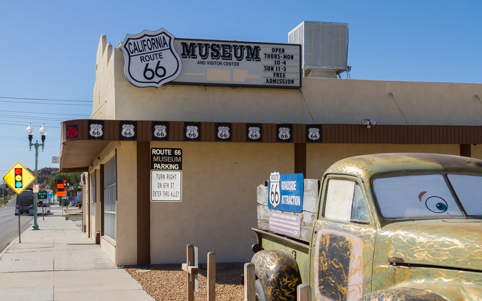 The front exterior of the California Route 66 Museum building in Old Town Victorville, California